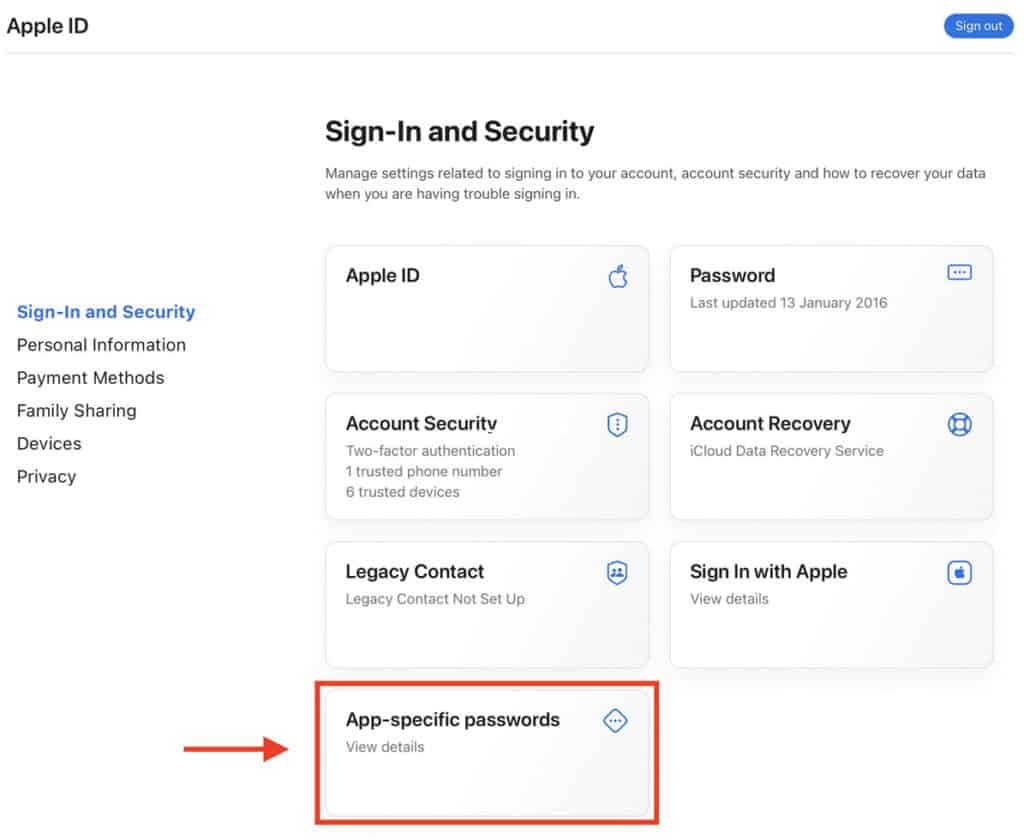 Screen shot of an Apple ID account showing where to select app specific passwords