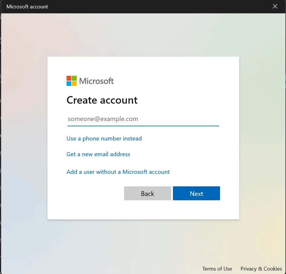 Windows 11 create new account screen asking for an email address