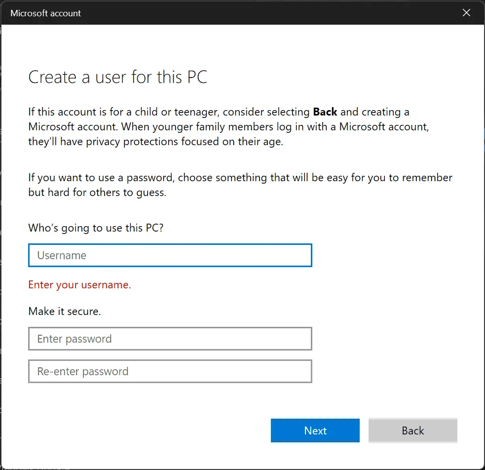 Windows 11 new user screen prompting for a new username and password to be entered