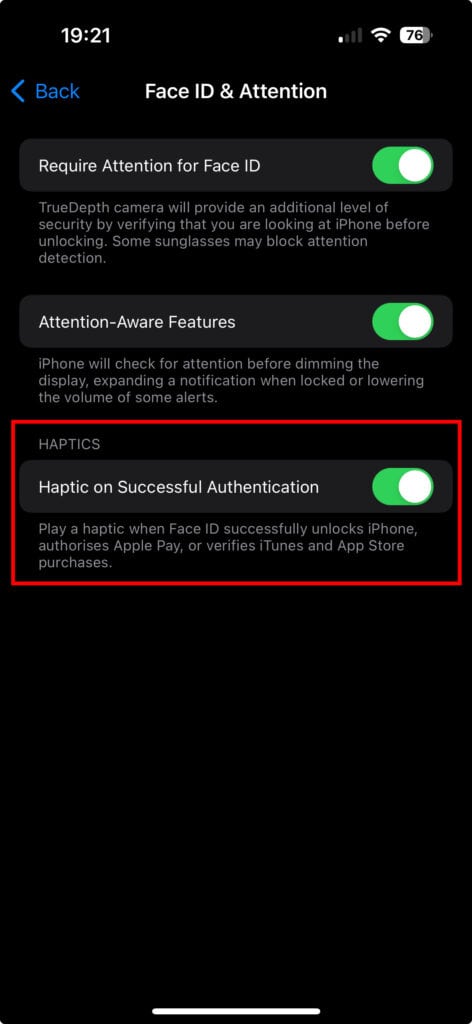 iPhone Accessibility setting to allow haptic feedback on successful Face ID unlock